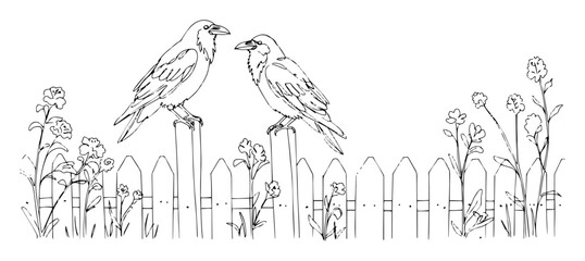 Obraz premium two crows on a fence halloween scene line art drawing