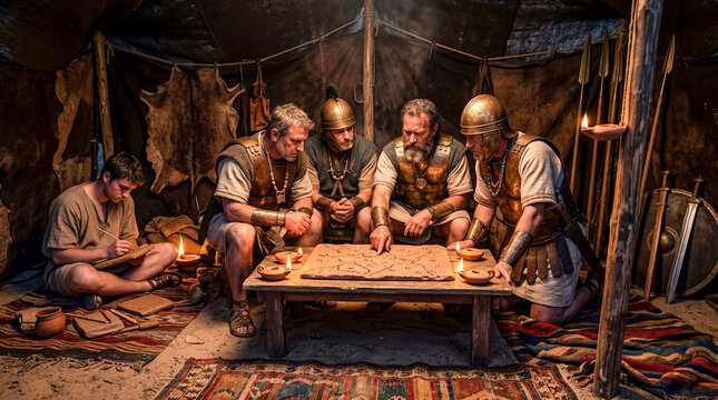 Cinematic wide shot of armored ancient Roman commanders holding a dimly lit war council, discussing battle strategy over a map inside a military tent while a scribe takes notes.