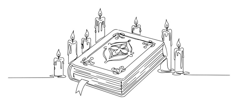 magic spell book with candles continuous one line drawing