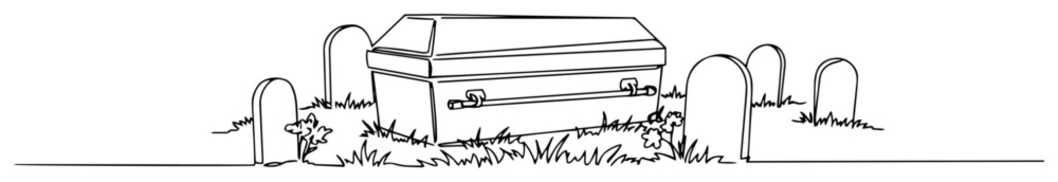 coffin in a spooky graveyard halloween scene continuous one line drawing