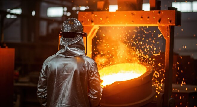 Steel Mill Worker in Heat Resistant Suit Monitoring Molten Metal Casting Process