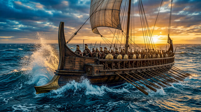 Cinematic shot of an ancient Greek trireme galley ship crashing through rough ocean waves with a billowing sail, rowing oars, and shields lining the hull at a dramatic golden sunset.