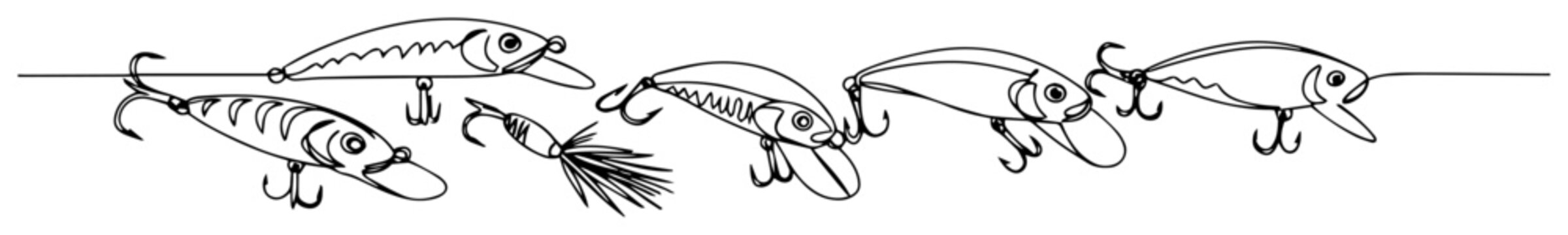 variety of fishing lures isolated drawing