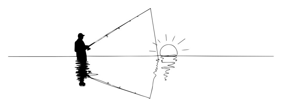 man fishing at sunset on calm lake sketch