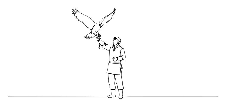 falconer with eagle on arm continuous one line drawing vector