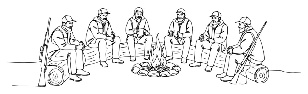 hunters sitting around campfire line art drawing vector illustration
