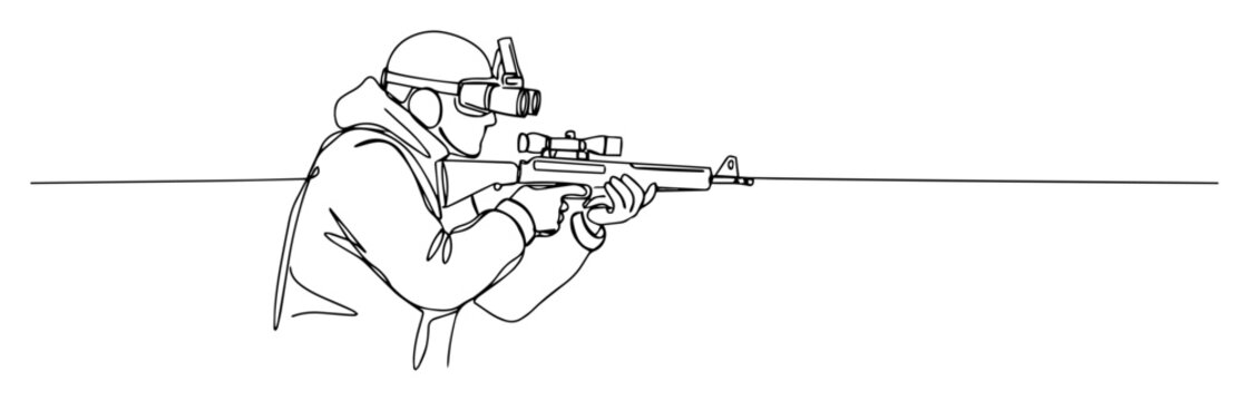 soldier sniper aiming rifle with scope continuous one line drawing
