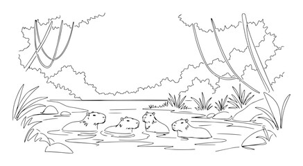 Obraz premium group of capybaras bathing in a jungle river sketch illustration