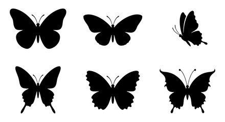 Butterfly silhouette collection, 6 black insect icons, flying moth vectors © Shahida
