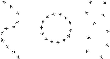 Black vector bird footprints arranged in distinct trail patterns featuring a winding path, a continuous circular loop, and randomly scattered steps on white background. © HridayChandra