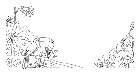 Obraz premium toucan bird on rainforest branch frame monoline outline vector