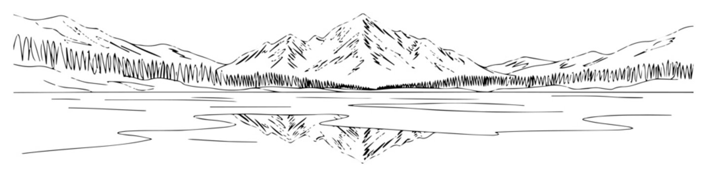 mountain lake reflection with forest hand drawn sketch