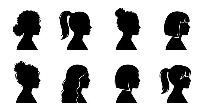 Woman profile silhouette set, female head side view, 8 vector icons