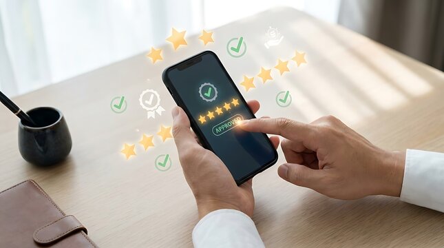 Customer taps 'Approved' button on phone screen showing five star rating and positive feedback