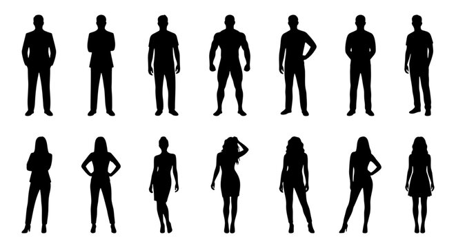 People silhouettes set, 14 man and woman figures, black human vector icons