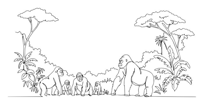 gorilla family in jungle landscape line art drawing vector illustration