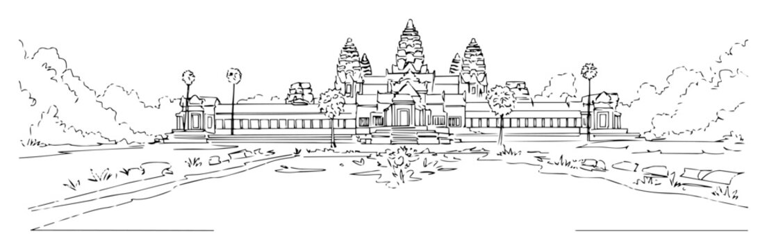 angkor wat temple cambodia landmark sketch vector lineart illustration