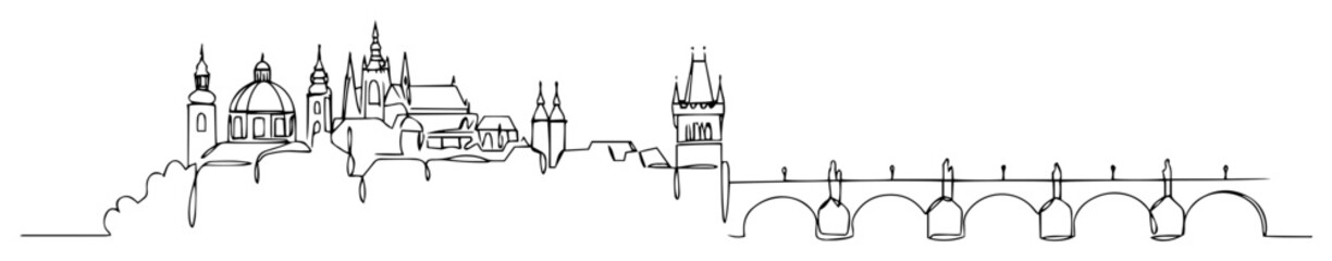 prague castle and charles bridge skyline continuous one line drawing © Wieslaw