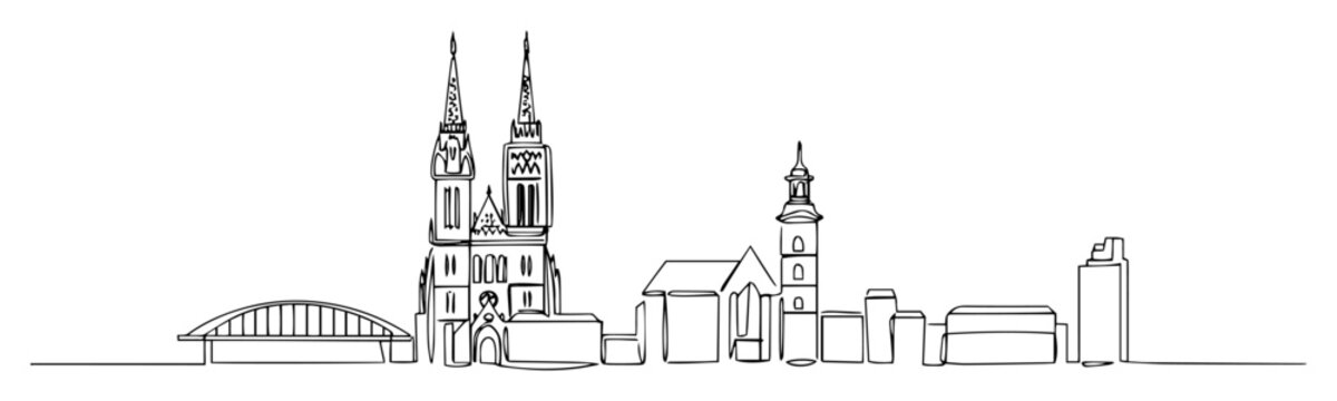 zagreb croatia city skyline with cathedral continuous one line drawing