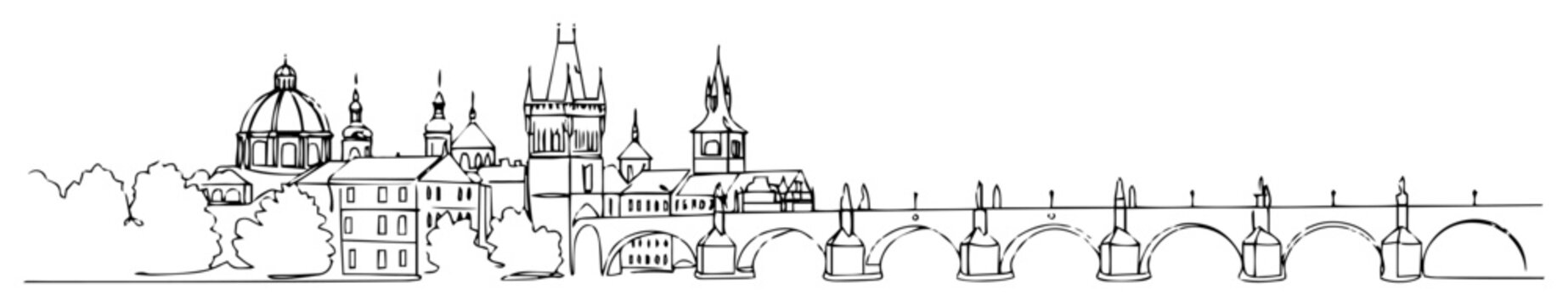 prague czech republic city skyline with charles bridge continuous one line drawing