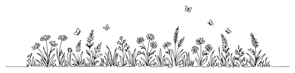 wildflower meadow with butterflies continuous one line drawing © Wieslaw
