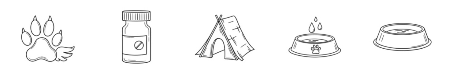 Fototapeta premium A set of simple line icons for pet care, featuring a winged paw print, medicine bottle, pet teepee, water bowl, and food dish, ideal for veterinary services or pet supply businesses.