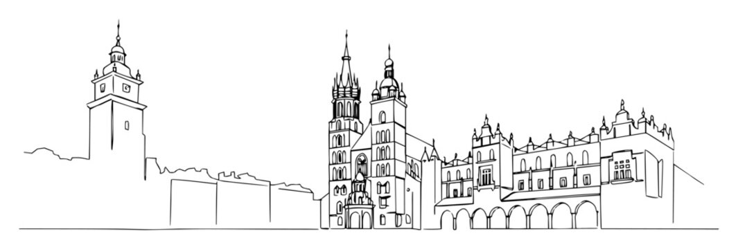 krakow main market square poland continuous one line drawing