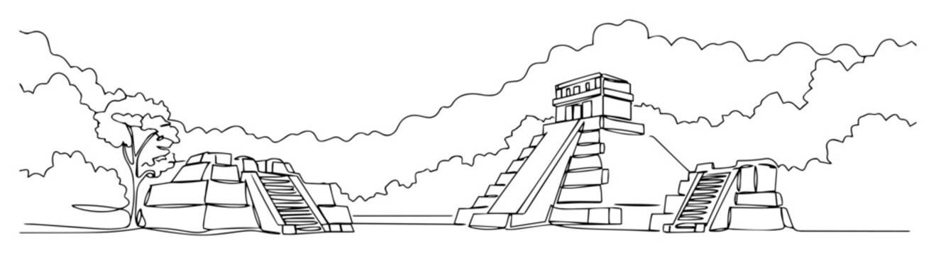 ancient mayan pyramid ruins in the jungle sketch illustration