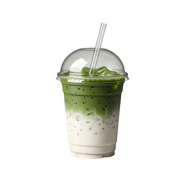Iced matcha latte in disposable plastic cup with ice cubes and straw on transparent background refreshing beverage