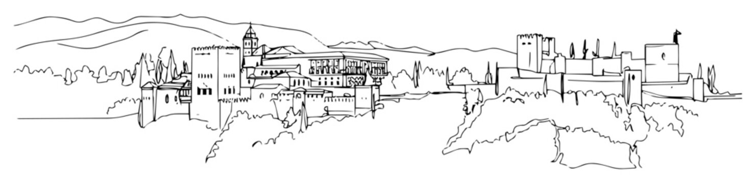 alhambra palace landscape in granada spain historical vector illustration