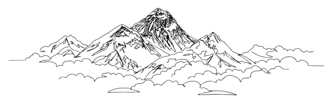 mount everest himalayas mountain summit landscape line vector illustration