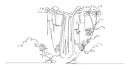 jungle waterfall surrounded by rocks and tropical vegetation vector art © Wieslaw