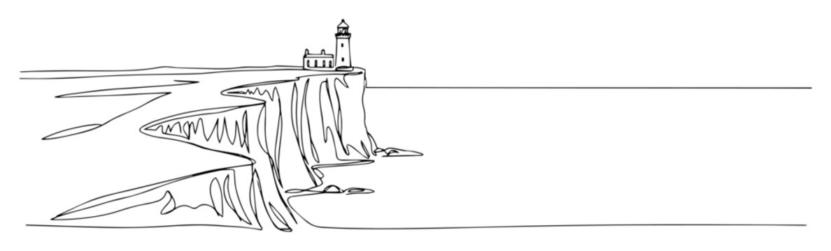lighthouse on a cliff by the sea continuous one line drawing vector
