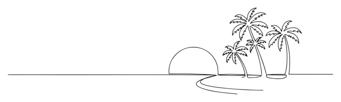 tropical beach sunset with palm trees one continuous line art vector