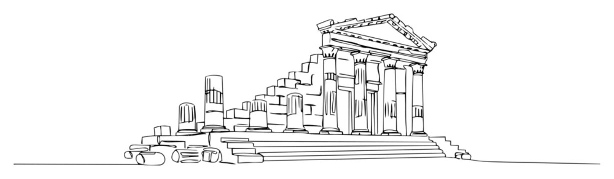 ancient roman temple ruins continuous one line drawing