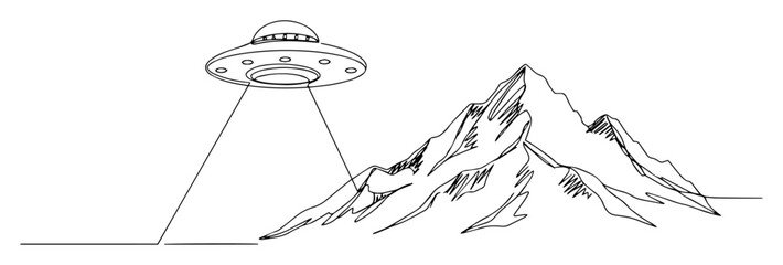 ufo light beam over mountain peak monoline vector outline © Wieslaw