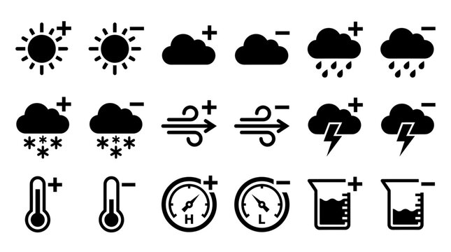 Essential weather and environmental condition icons sun, clouds, rain, snow, wind, lightning, temperature, pressure, liquid. Plus and minus symbols indicate change, ideal for interfaces and reports.