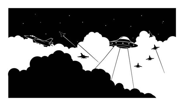 fighter jets intercepting ufo in night clouds monoline vector outline