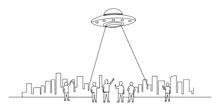 ufo abducting people above city skyline monoline vector outline