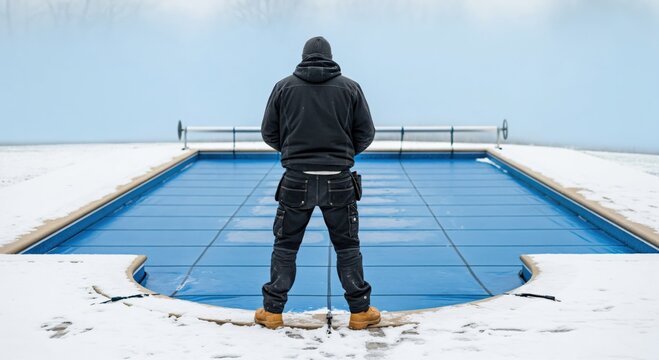 Male worker in warm clothing standing by a blue safety pool cover during winter