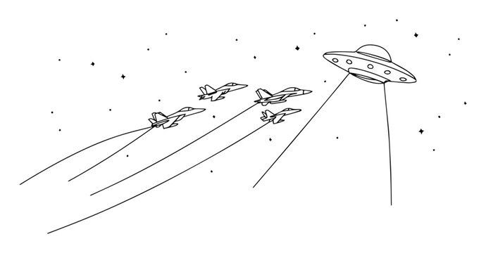 squadron jets firing missiles with ufo in space monoline vector outline