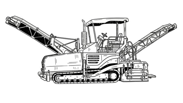 Black and white sketch of a road construction paver with tracks and conveyors. Perfect for showcasing heavy equipment and engineering projects.