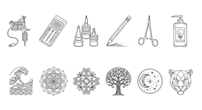 Handdrawn outline icons including tattoo tools, drawing pencil, medical forceps, and mystic symbols like waves, mandalas, tree of life, moon, and geometric panther. Ideal for graphic resources.