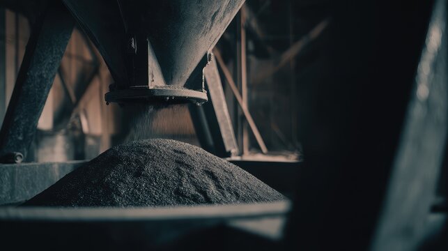 Dry grain pouring from a large industrial hopper creating a pile of product, depicting elements of agriculture, food processing, and bulk material handling