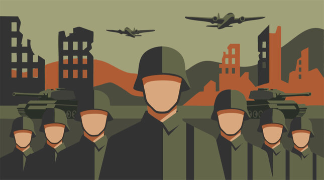 Stylized illustration of soldiers, tanks, and airplanes in a war-torn city
