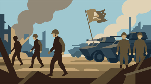 Military soldiers and armored vehicles in a war-torn city with a tattered flag