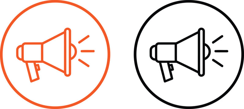Two megaphone icons displayed as linear outlines within circular borders on a plain white background Vector