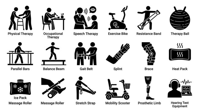 Diverse set of therapy and rehabilitation icons featuring medical equipment and activities for healthcare, recovery, and wellness applications.