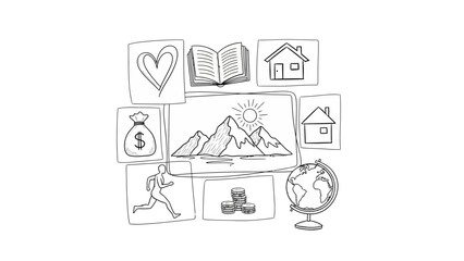 Naklejka premium Hand drawn doodles represent various life goals love, home, knowledge, travel, nature, money, and personal progress, ideal for motivational themes and goal planning.