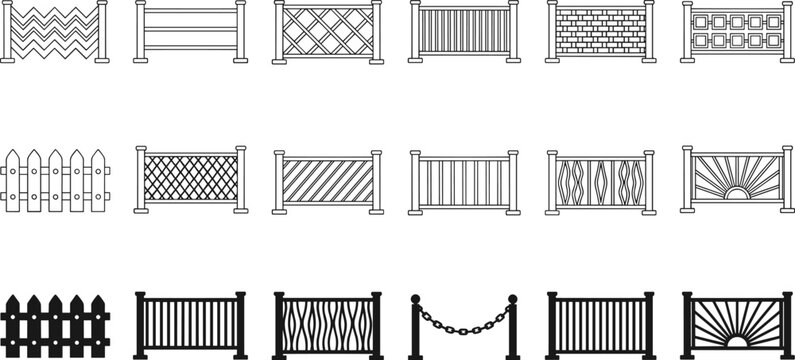 Comprehensive collection of diverse fence and gate vector icons featuring wooden picket, metal railing, and chain link designs for landscaping and architectural boundary projects.